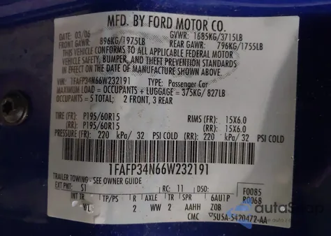 2006 Ford Focus Zx4 из США, поврежденный, VIN 1FAFP34N66W232191